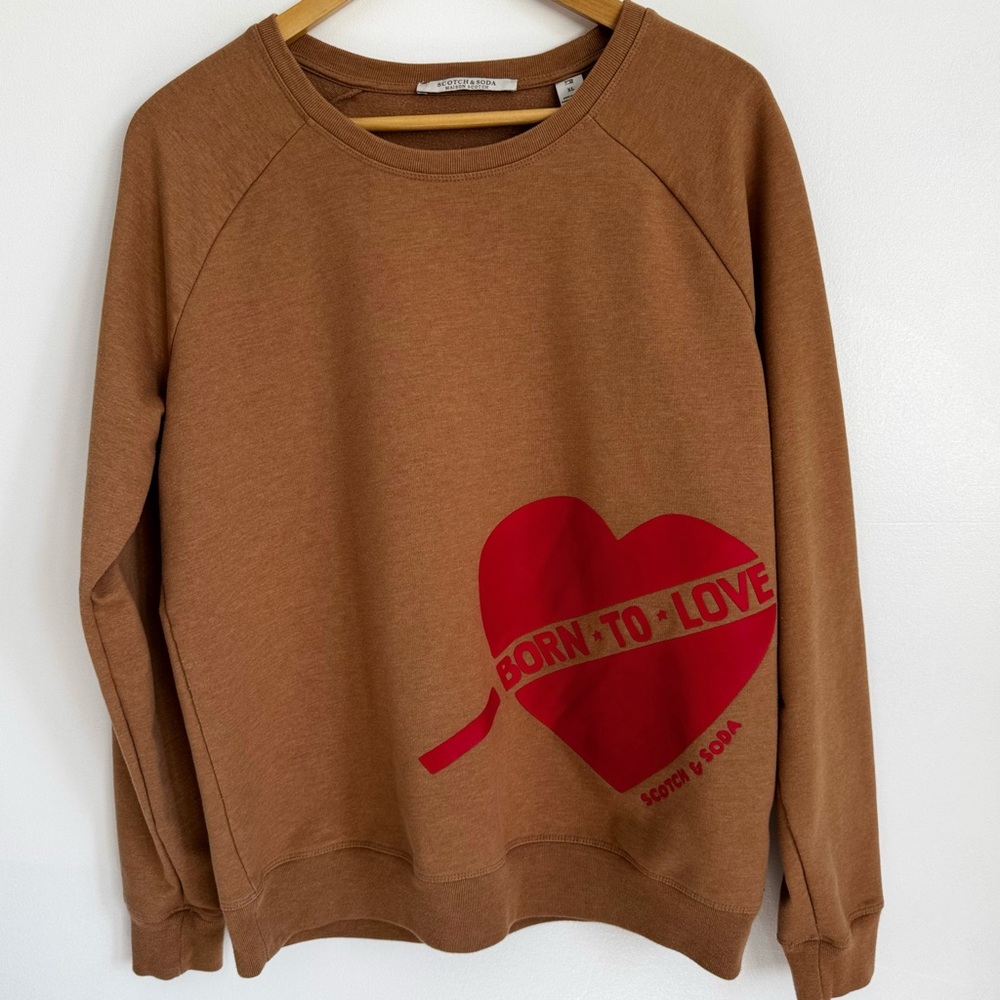 Scotch & Soda Sweatshirt Tan with Red Born To Love Heart Design Women’s Size XL
